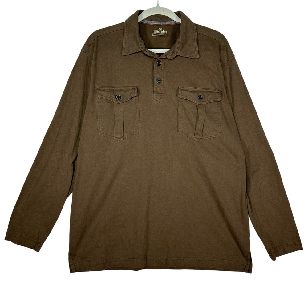 Outdoor Life Mens Large Brown Cotton Henley Polo Long Sleeve Utility Gorpcore